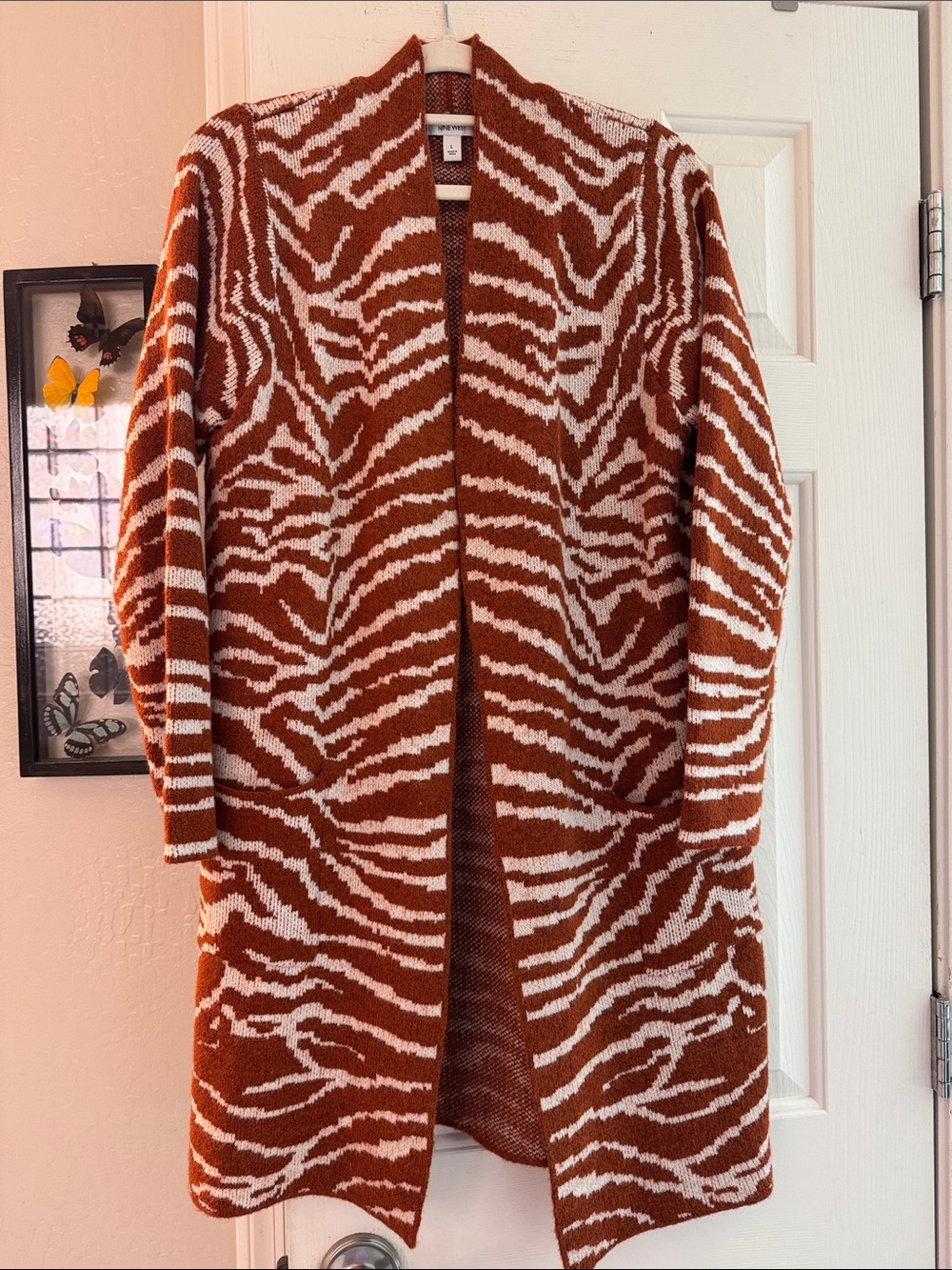 Long Open-Front Zebra Print Cardigan Jacket in Rust and White
